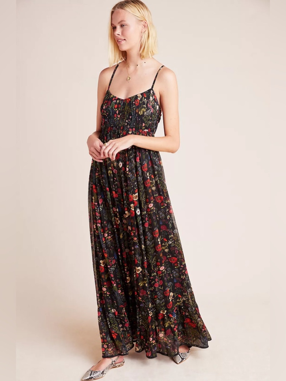 Anthropologie Payal Jain Massima Pleated Floral Maxi Dress in Black size SP